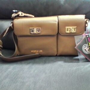 Nicole Lee Double Pocket Tan Crossbody with Gold Hardware